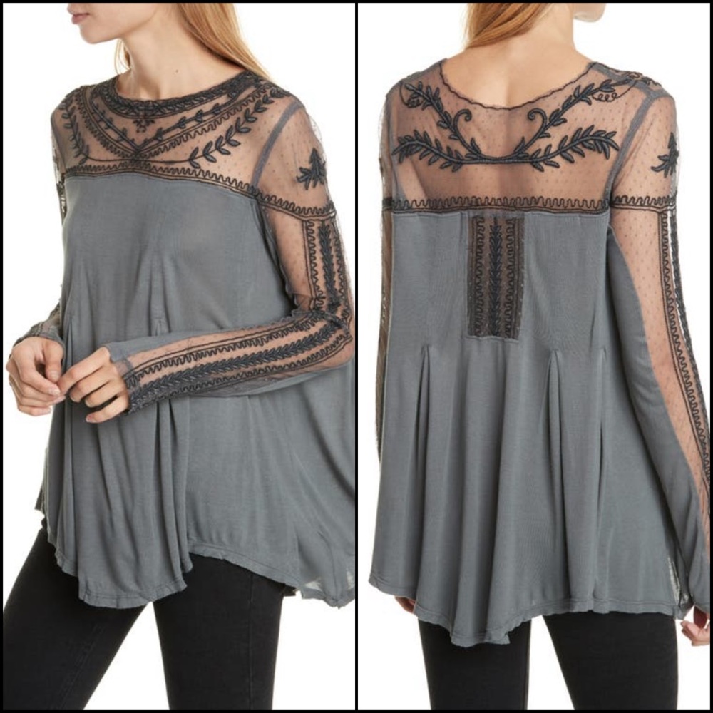 Free People Jojo Mixed Media Long Sleeve Embroidered Lace Gray Tee Medium